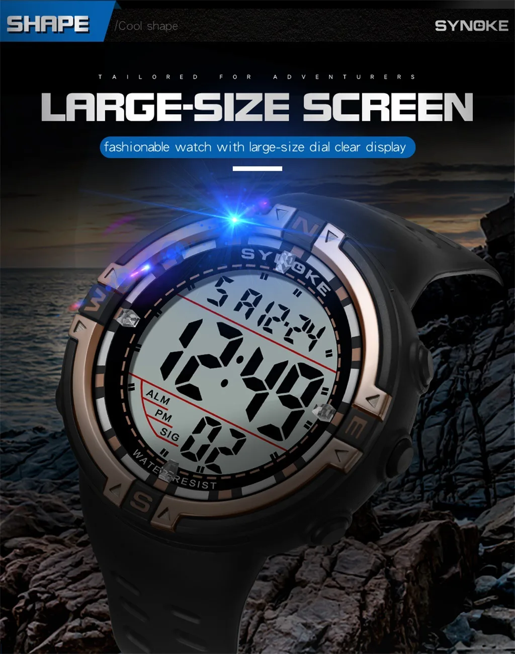 Synoke стиль Amazon Горячая Открытый Многофункциональный Водонепроницаемый светящиеся часы большой циферблат Мужские спортивные электронные часы