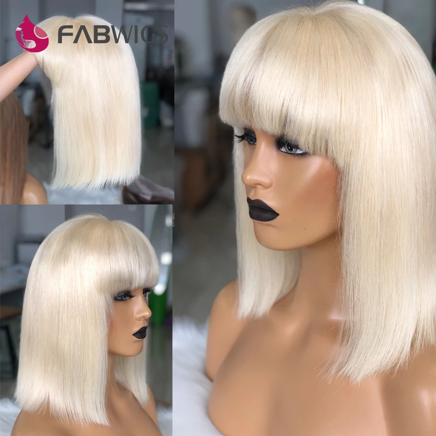 Fabwigs#613 блондинка Синтетические волосы на кружеве парики с челкой 180% короткий Боб 13x4 Синтетические волосы на кружеве человеческих волос парики 13X4 прозрачные кружевные парики из человеческих волос