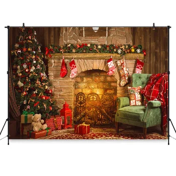 

Neoback Christmas Tree Photography Backdrop Brick Wall Backgrounds Fireplace Backdrops Decor Photocall Backdrop Photo Studio Banner