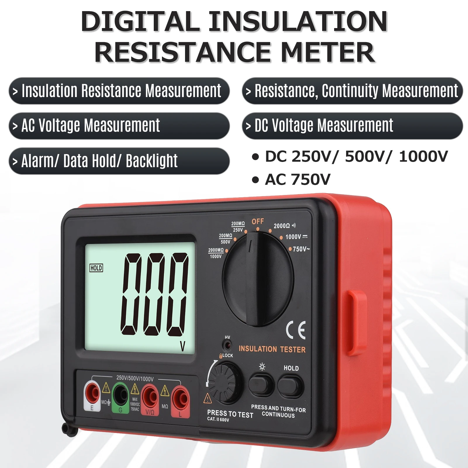 Цифровой тестер сопротивления изоляции с ЖК-подсветкой DC 250V/ 500V/ 1000V AC 750V