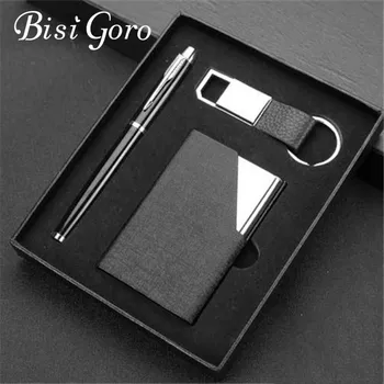 

BISI GORO Gift Business Card Holder Set Pen Key Holder With Box Organizer Card Case Multi High Quality Metal Pop Up Wallet