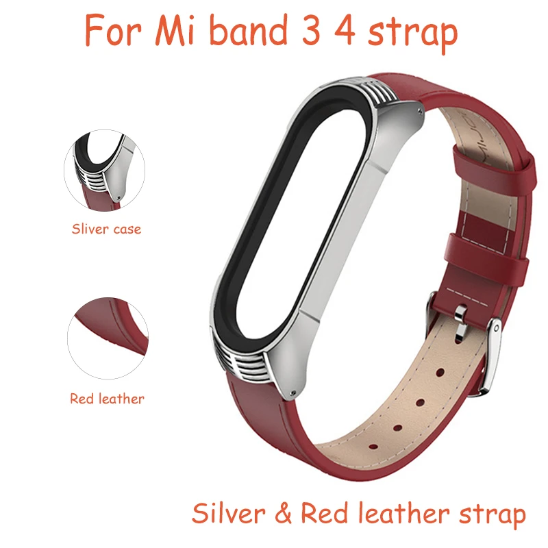 Mi jobs mi Band 4 ремешок из натуральной кожи для Xiaomi mi Band 3 браслет mi band 4 3 браслеты из нержавеющей стали металлический чехол с отверстиями - Цвет: Silver red
