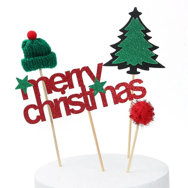 Paper Cake Toppers Christmas Hat Deer Tree Stick Shape Birthday New Year Dessert Decorations | Дом и сад