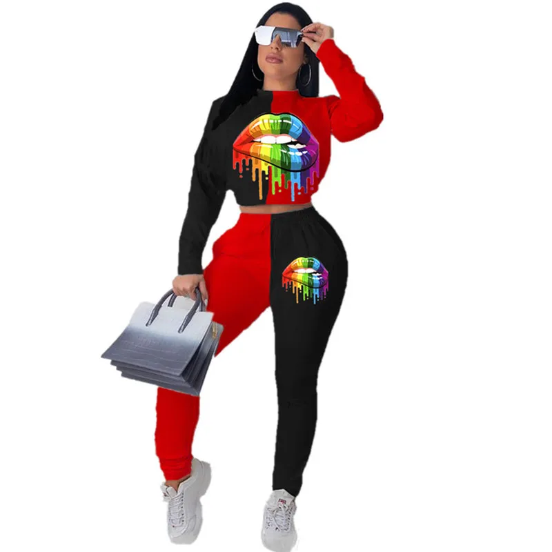 

Color Block Colorful Lip Two Piece Set Top and Pants Outfits Tracksuit Women Long Sleeve Casual Sweat Suits Conjunto Feminino