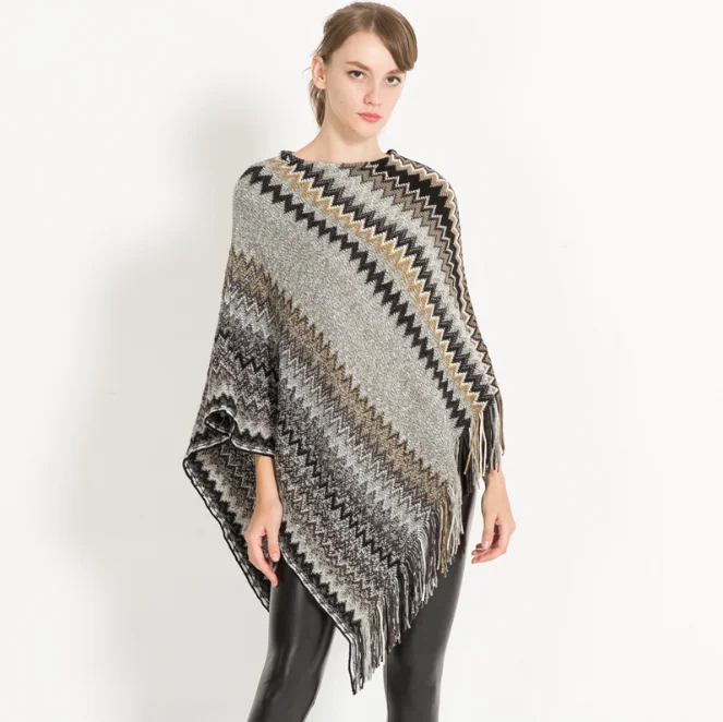 

Autumn new European American Fashion Cloak Shawl Loose Pullover Color Matching Striped Sweater Women Khaki Girls keep warm