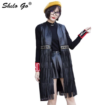 

Genuine Leather Vest Highstreet V Neck Beading Detail Waist Long Tassel Sleeveless Sheepskin Long Vests Women Casual Outwear