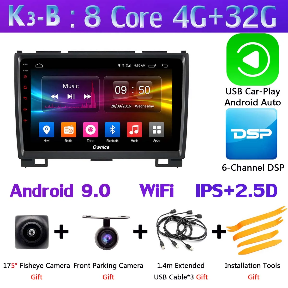 K3-B-CarPlay 360 ° Камера Android 9,0 4G+ 64G Автомобильный мультимедийный для HAVAL Hover Greatwall Защитные чехлы для сидений, сшитые специально для Great Wall H5 H3 2010-2013 gps радио SPDIF DSP CarPlay - Цвет: K3-B-CarPlay