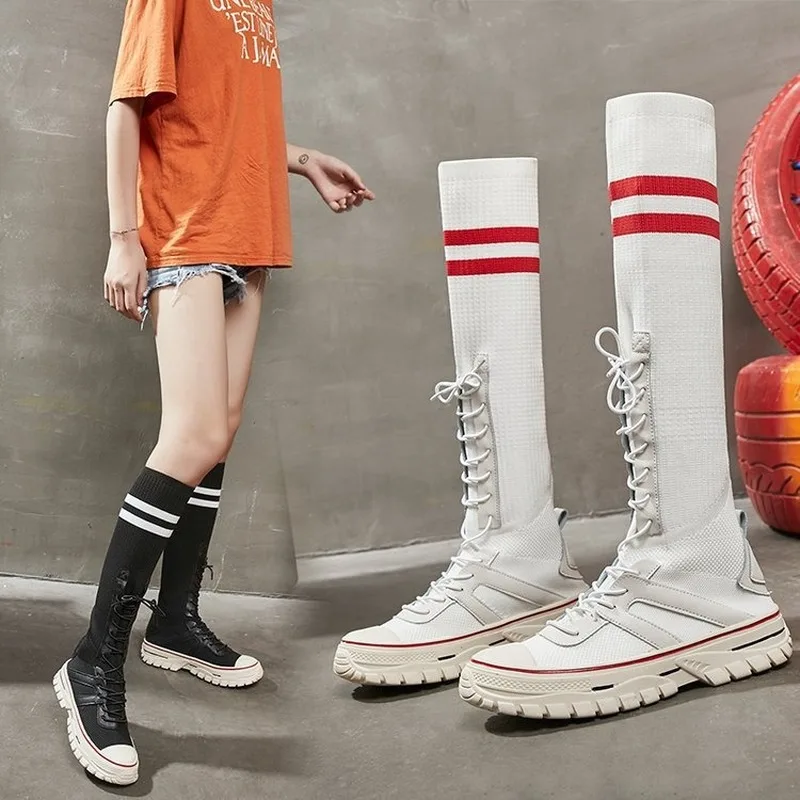 

Women Socks White Boots 2019 High Mid-Calf Boots Long Thigh High Boots Elastic Slim Sneakers Designer Shoes Women Luxury Boots