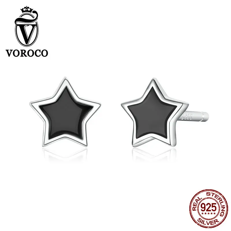 VOROCO Real 925 Sterling Silver Stud Earrings Pentagram Five-pointed Star Black Fine Jewelry for Women Unisex BNE275