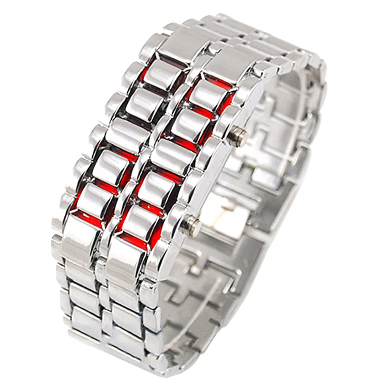 Fashion Black Full Metal Digital Lava Wrist Watch Iron Metal Red LED  For Men Boy Sport Simple Wathes 