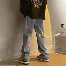 

American Street Embroidery Jeans Men's Note Pattern High Street Retro Casual Wide-leg Pants Straight Long Pants Men's Streetwear