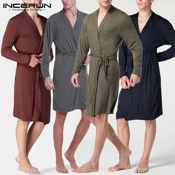 

INCERUN Fashion Men Robes Solid Color Breathable V Neck Casual Kimono Comfortable Bathrobes Long Sleeve Mens Nightgown Homewear
