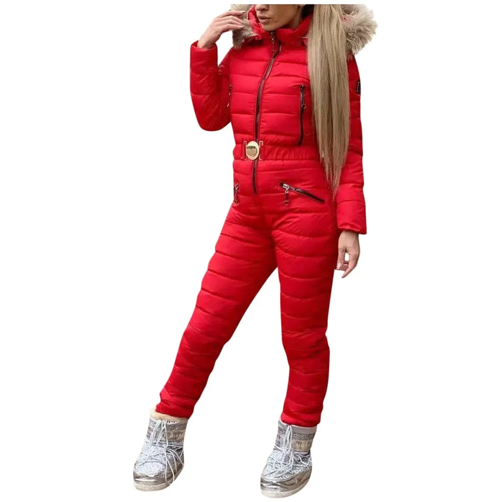 Waterproof Women Hooded Solid Colors Skiing Jumpsuits Elegant Winter Warm Zipper Ski Suit Onesie Sport Outdoor Snowsuit Coat#g4