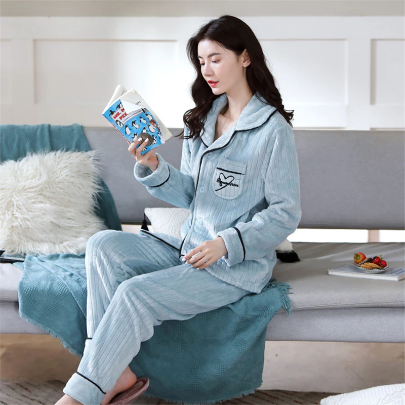 

Ladies velvet pajamas two-piece V-neck solid color cardigan thickened loose long-sleeved home comfort and warmth suit JJF0062