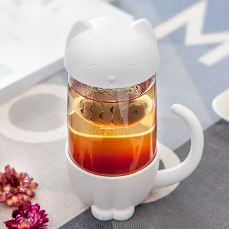 

2019 NEW Cute Cartoon Cat Glass Cup Tea Mug With Fish Infuser Strainer Filter Home Offices Cup For Fruit Juice