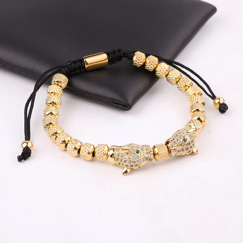 New Design Stainless Steel Beads CZ Pave Leopard Charm Friendship Macrame Adjustable Beads Bracelet For Men - Image 6