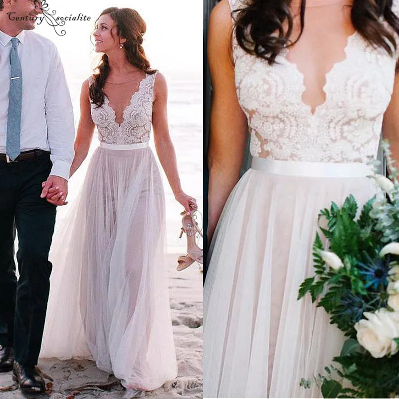 Пляжные свадебные платья 2019 Vestido Noiva кружевное, из легкой ткани, с аппликацией Топ О-образным вырезом на пуговицах сзади сексуальные