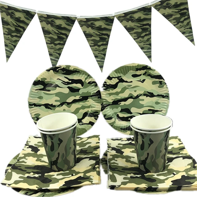 Décorations de fête à thème de Camouflage vert armée, vaisselle, gobelets,  assiettes, serviettes de table, bannières, fournitures de fête prénatale