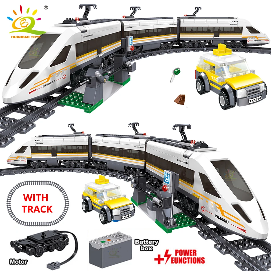 HUIQIBAO 641pcs Battery Power Electric City Train High Speed Rail Building Blocks Railway Track Set Brick Children Toy