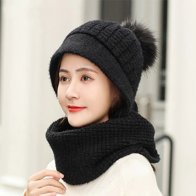 Зимние шерстяные вязанные шарф и шапка набор бини женский шарф Skullies Beanies шапки для женщин шапка s Gorras Bonnet маска цельная шапка - Цвет: Черный
