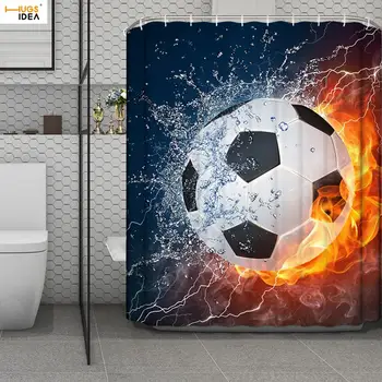 

HUGSIDEA Basketball Ball on Fire and Water Polyester Fabric Shower Curtain Cool Flame Splashing Thunder Lightning Bath Screen