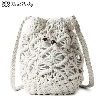 

Women Summer New Bucket Straw Bags Female Handmade Woven Casual Beach Bags Ladies Bohemian Drawstring Shoulder Messenger Bags