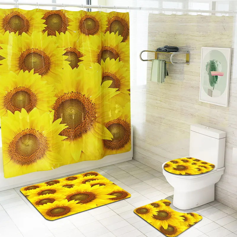 Zeegle Sun Flower Bath Mat Set Shower Curtain Set with Hooks Washable Toilet Foot Rug Lid Toilet Cover Mat Bathroom Entrance Mat