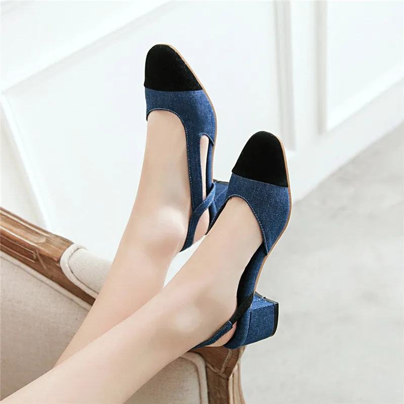 

2019 Ladies Denim Vintae Shoes Medium Block Heel Ladies Slinbacks Sandals Plus Size Blue Slip on Pumps Women Sandal