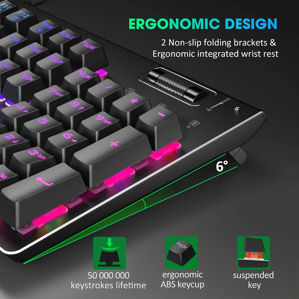 PICTEK Mechanical Keyboard Red Switch Gaming Keyboard With RGB Backlit 104 Keys 19 Key Anti-Ghosting Wired Keyboard For PC Gamer