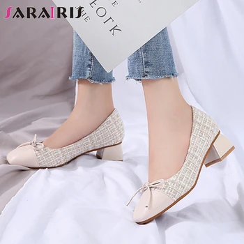 

SARAIRIS 2020 Trendy Hot Patchwork Brand Pumps Elegant Shallow Office Pumps Women Comfort Med Chunky Heels Shoes Woman