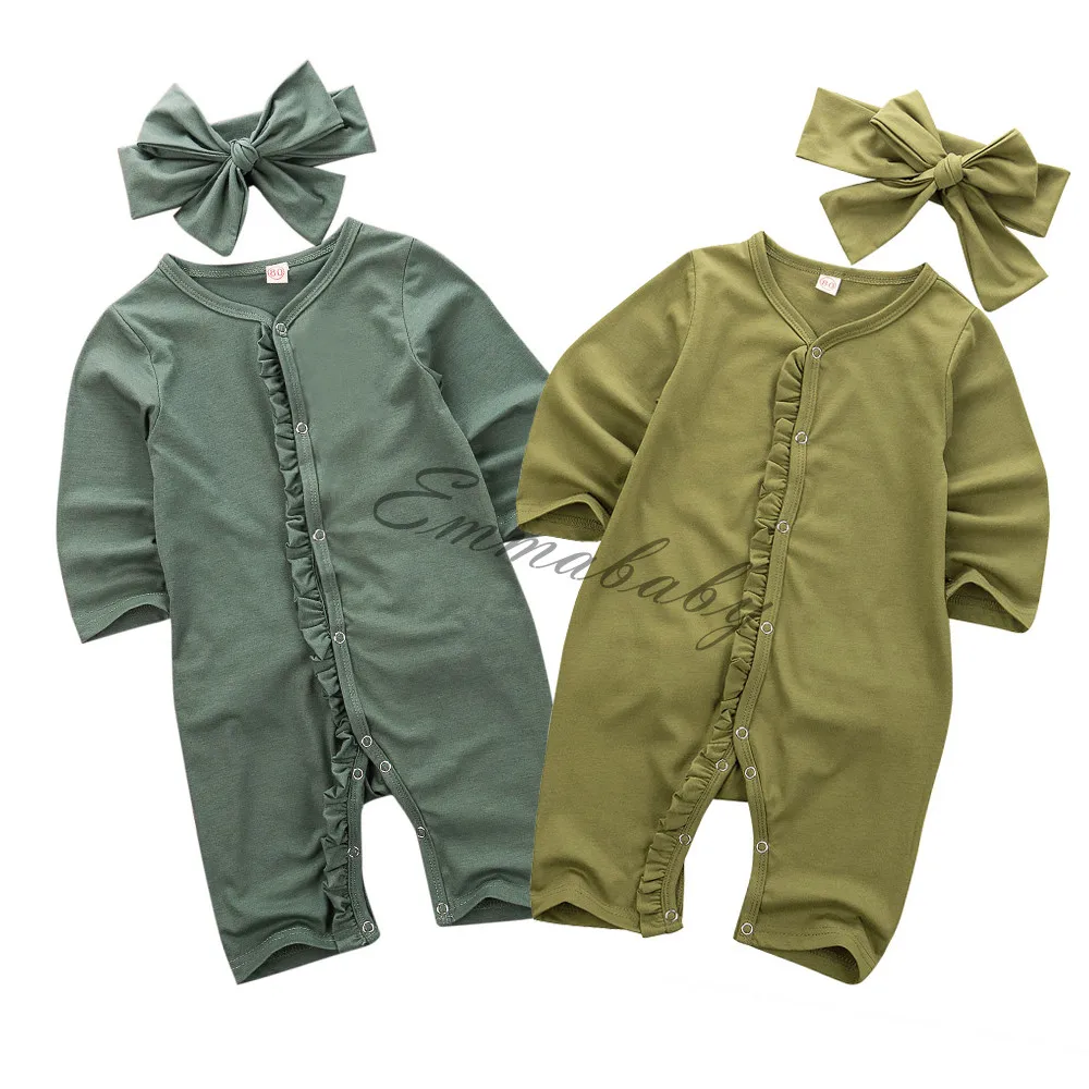 Emmababy Одежда для маленьких девочек и мальчиков однотонная Цвет с рюшами и длинными рукавами, Buttton Детский комбинезон с повязкой-бантом, комплект из 2 предметов, одежда