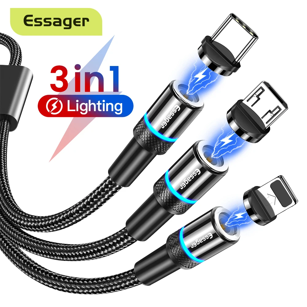 Essager 3 in 1 Magnetic Charger Micro USB Cable for iPhone Android Mobile Phone Fast