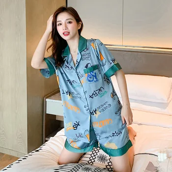 

Satin Pyjamas Women Short Sleeves Shorts Pajama Sets Ladies Cute Cartoon Print Japanese Simple Sleepwear Homewear Pijamas