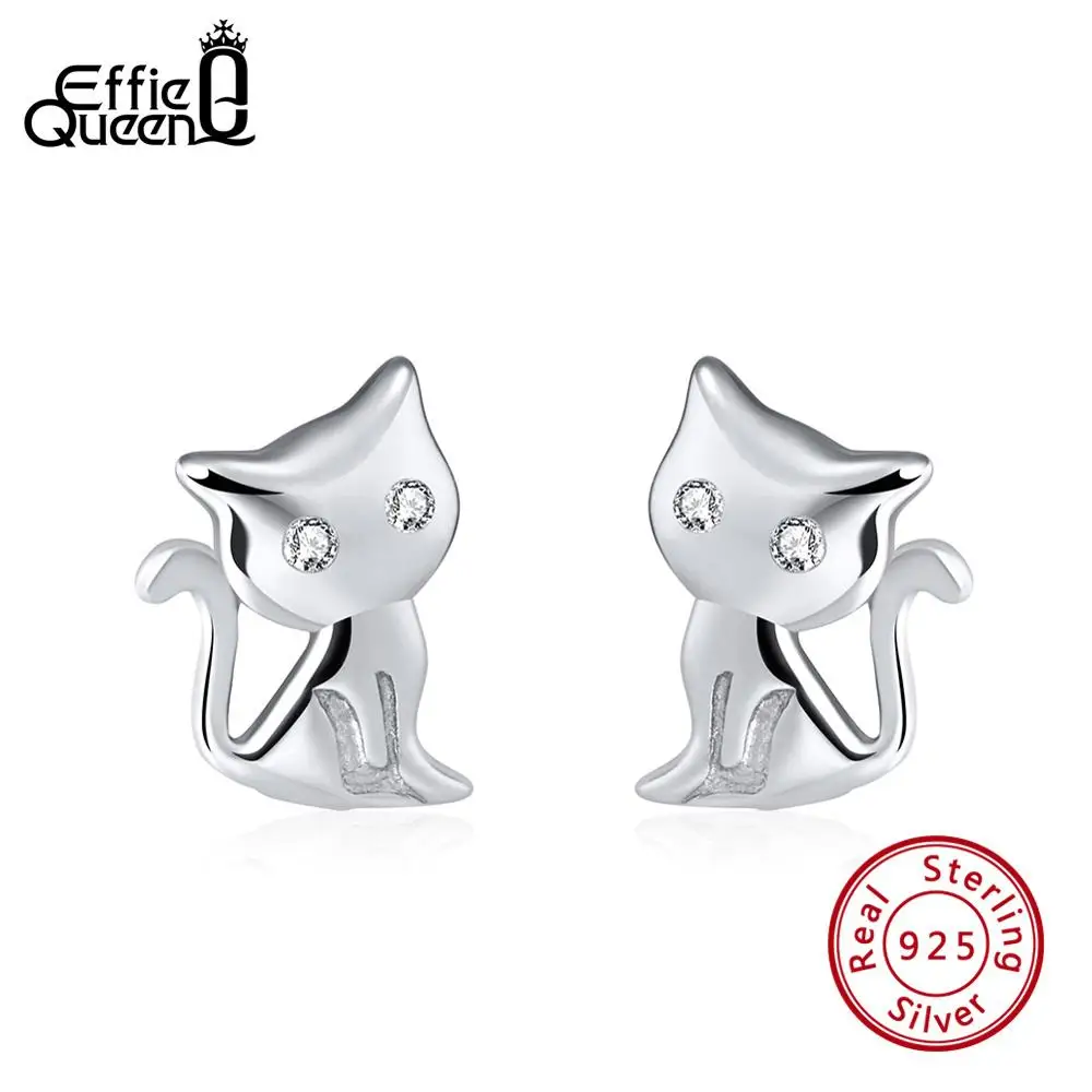 Silver Color Effie queen 925 пробы серебряные серьги-гвоздики в форме милого кота для женщин AAA кубический циркон 2 цвета серьги ювелирные изделия TSE107 - Цвет камня: Silver Color