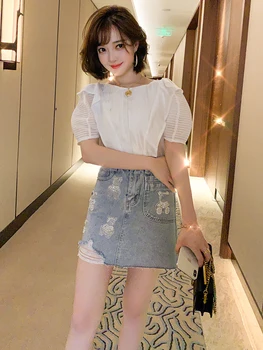 

Trendy Retro Puff Sleeve Ruffled Pleated Top + Hot Drilling Denim Overskirt Suit, Female Fashion Summer New Style