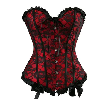 

Sexy Satin Floral Gothic Lace up Boned Overbust Corset Bustier Waist Trainer Plus Size S-2XL with G-string