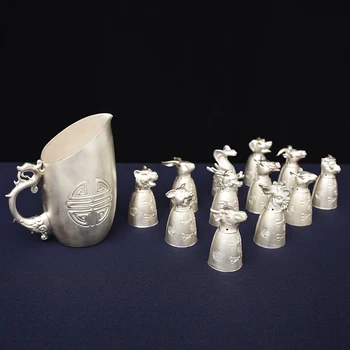 

Antique zodiac sterling silver 999 Long Yanjiu white wine decanter wine set manual scalding household warm jug