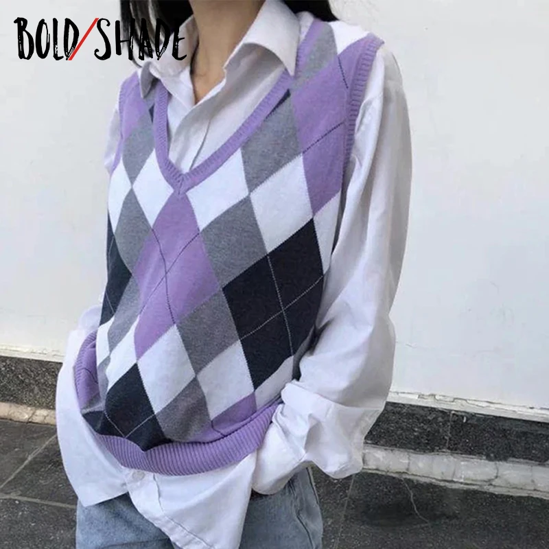 

Bold Shade Grunge Fashion Streetwear 90s Indie Sweater Vest Argyle V-Neck Y2k Preppy Style Plaid Sleeveless Pullover Sweater New