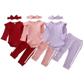 

Infant Baby Girls Boys Clothes Long Sleeve Romper+Trousers+Headband 3PCS Casual Solid Color Spring Autumn Clothing