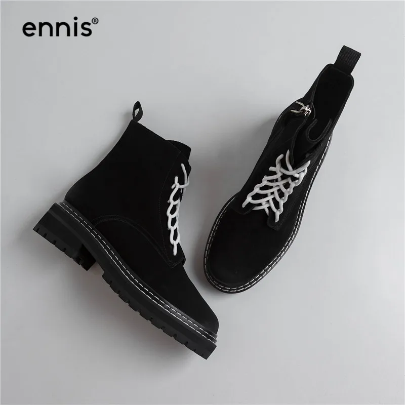 ENNIS Autumn Winter Women Boots Genuine Leather Platform Thick Sole Martin Boots Lace Up Ankle Boots Suede Zip Shoes A9160