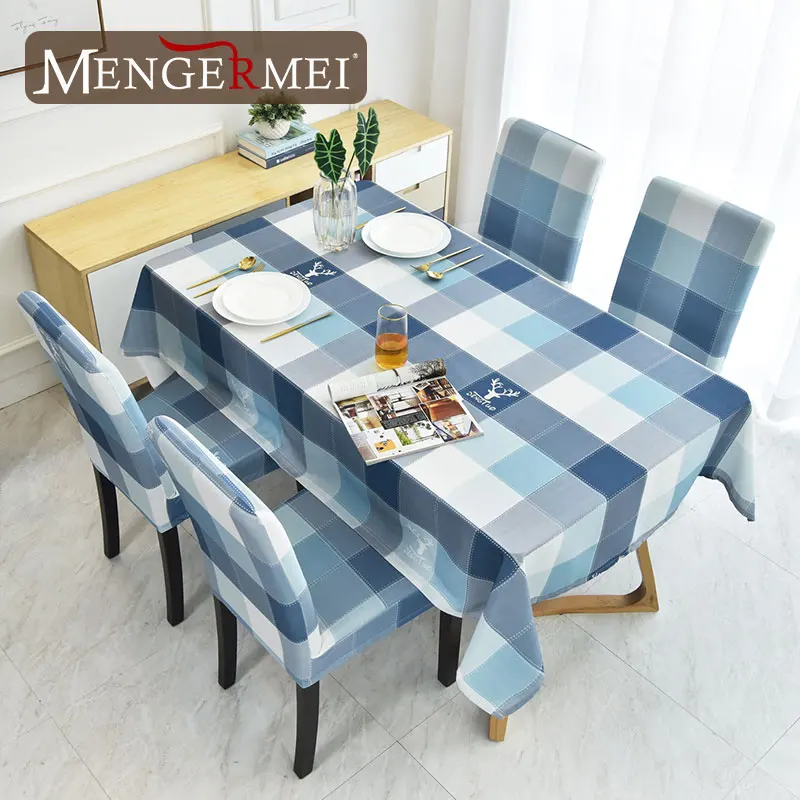 MENGERMEI Blue Grid Deer Graphic Tablecloth Cushion Cover Table Cover Dustproof Cloth Decor Furniture Dustproof Cover Home Hotel