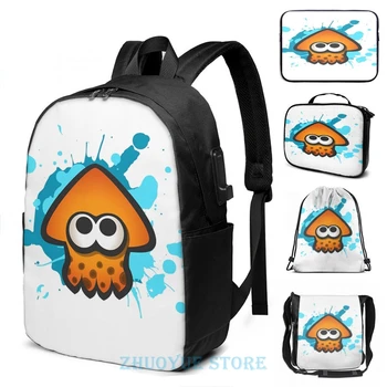 

Funny Graphic print Splatoon Squid on Ink USB Charge Backpack men School bags Women bag Travel laptop bag