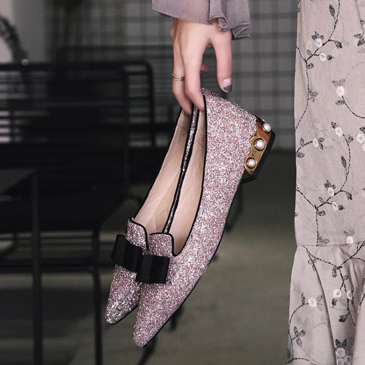 

2018 Autumn Retro Bow Sequin Shallow Mouth Single Shoes Women's Pointed Toe Low Heel Versatile Pearl Graceful Flat Top Shoes