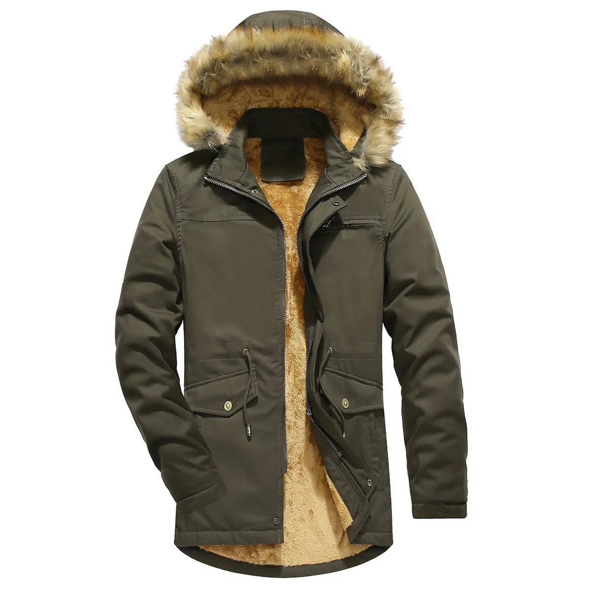 

Winter New Style Medium-length Men's Washing Cotton-padded Clothes Hat Plus Wool Medium-length Casual Coat