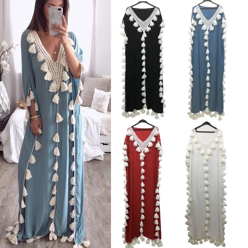 

5XL Muslim Dress Arabic Middle Eastern Style Retro Female Tassel Loose Costume Elegant Temperament Spring Autumn All-match Robe