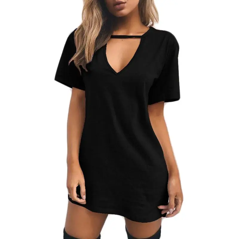 Womens Short Sleeve Triangle Hollow Halter T-shirt Dress Solid Color Deep V-neck Long Tunic Loose Pullover - Dresses -