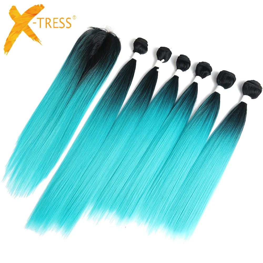 Best Seller Synthetic-Hair-Bundles Extensions Closure Lace Mint-Green Straight X-TRESS Hair-Weaving GmJ9KGJjk