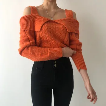 

Women Sweater Pullover Long Slever Slash Neck Knitted Sweater Women Pullover Stitch Casual Sweters Women Autumn Winter