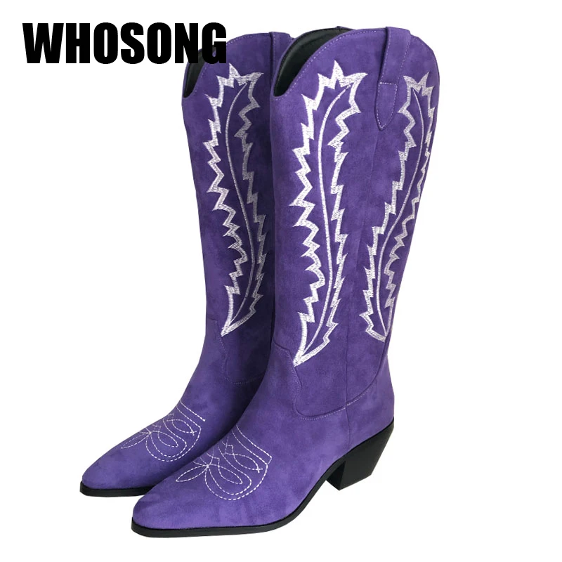 Botas de motocicleta para mujer, zapatos planos morados hasta la rodilla,  zapatos de punta redonda, suaves, a la moda - AliExpress Calzado