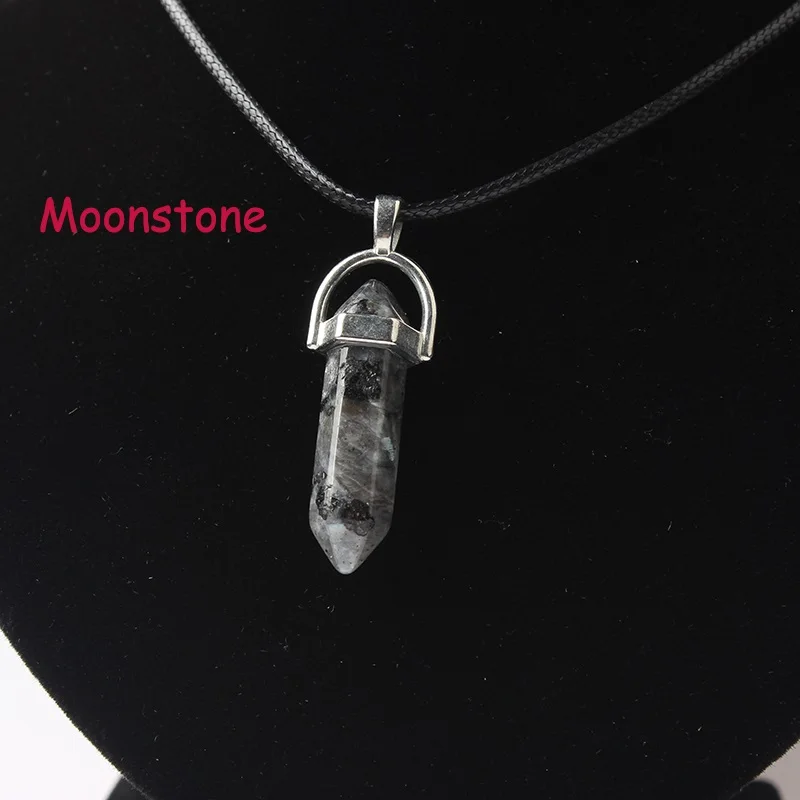 Flash stone LanLi, шестиугольная колонна, ожерелье с натуральным кристаллом, подвеска с камнем, кожаные цепи, ожерелье для женщин, модное ювелирное изделие - Окраска металла: Flash stone